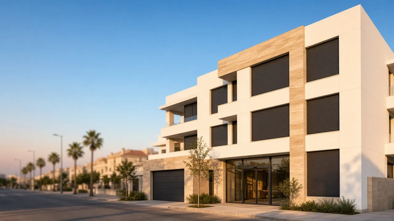 Fachada de edificio residencial con persianas y puerta de garaje automáticas en Valencia